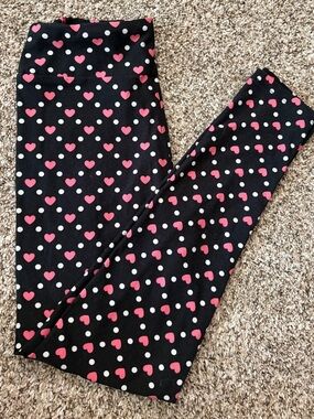 LuLaRoe Black Leggings with Pink Hearts and White Dots